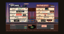 Frontier Row: OpenAI and Anthropic as two pixel-art towers on a waterfront at dusk