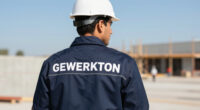 A site worker in a white hard hat and a navy jacket with GEWERKTON printed across the back looks out over a construction site under a clear sky